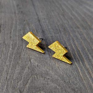 Sparkly Acrylic Lightning Bolts with Yellow Holographic Glitter Stud Earrings